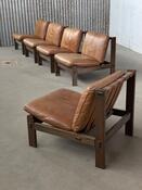 Loungechairs 5x in brown leather with oak wooden frame, 1960s