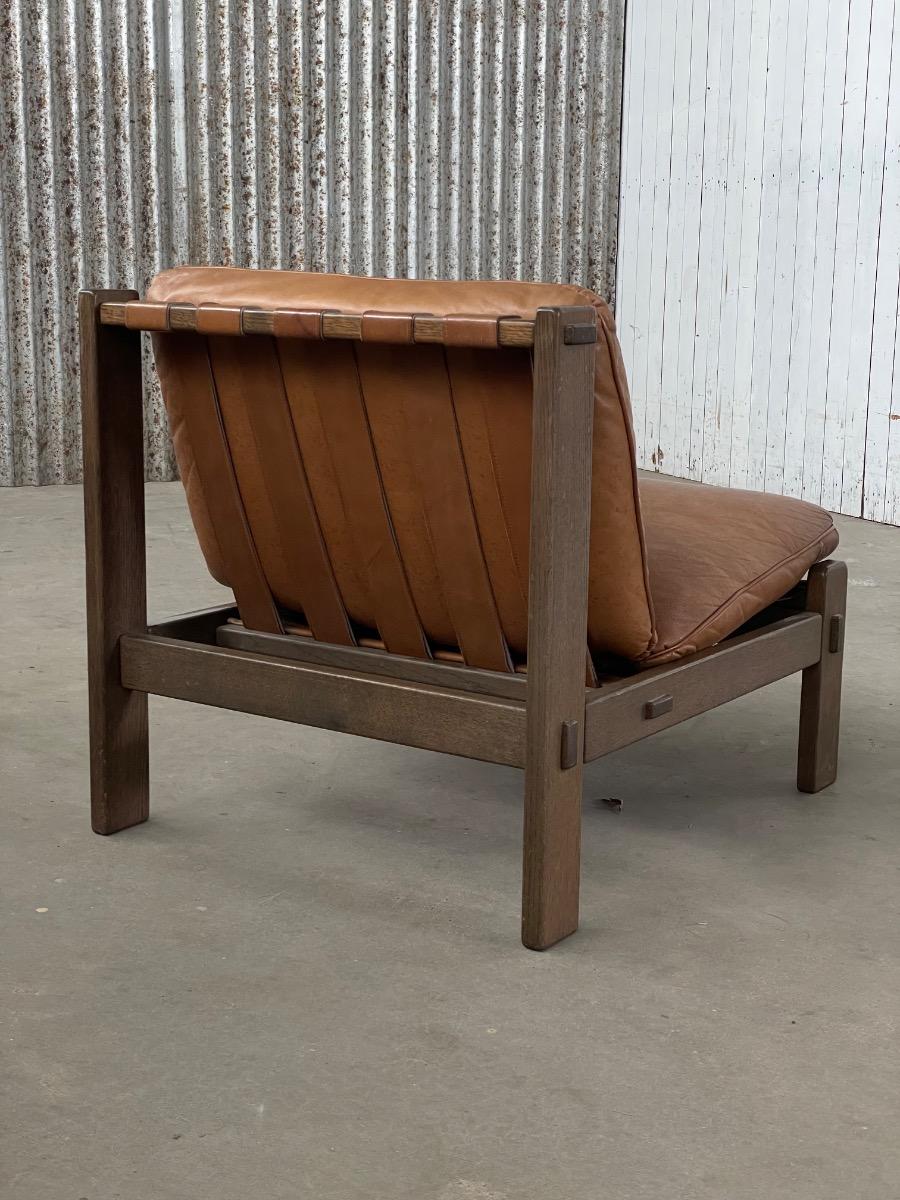 Loungechairs 5x in brown leather with oak wooden frame, 1960s