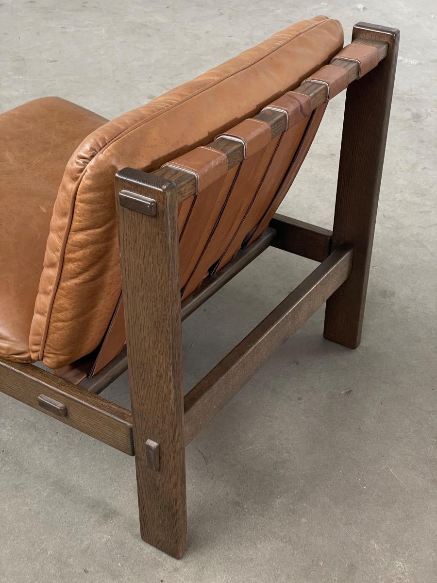 Loungechairs 5x in brown leather with oak wooden frame, 1960s