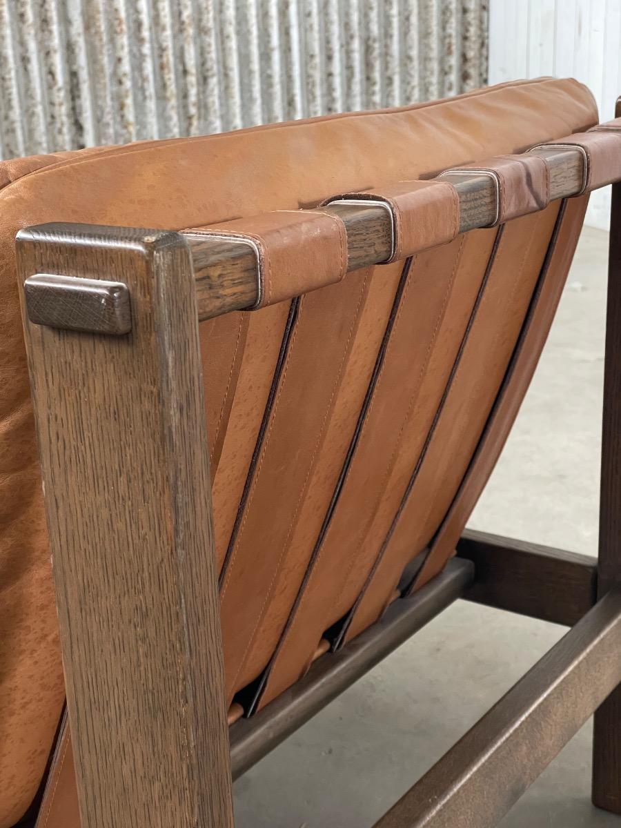 Loungechairs 5x in brown leather with oak wooden frame, 1960s