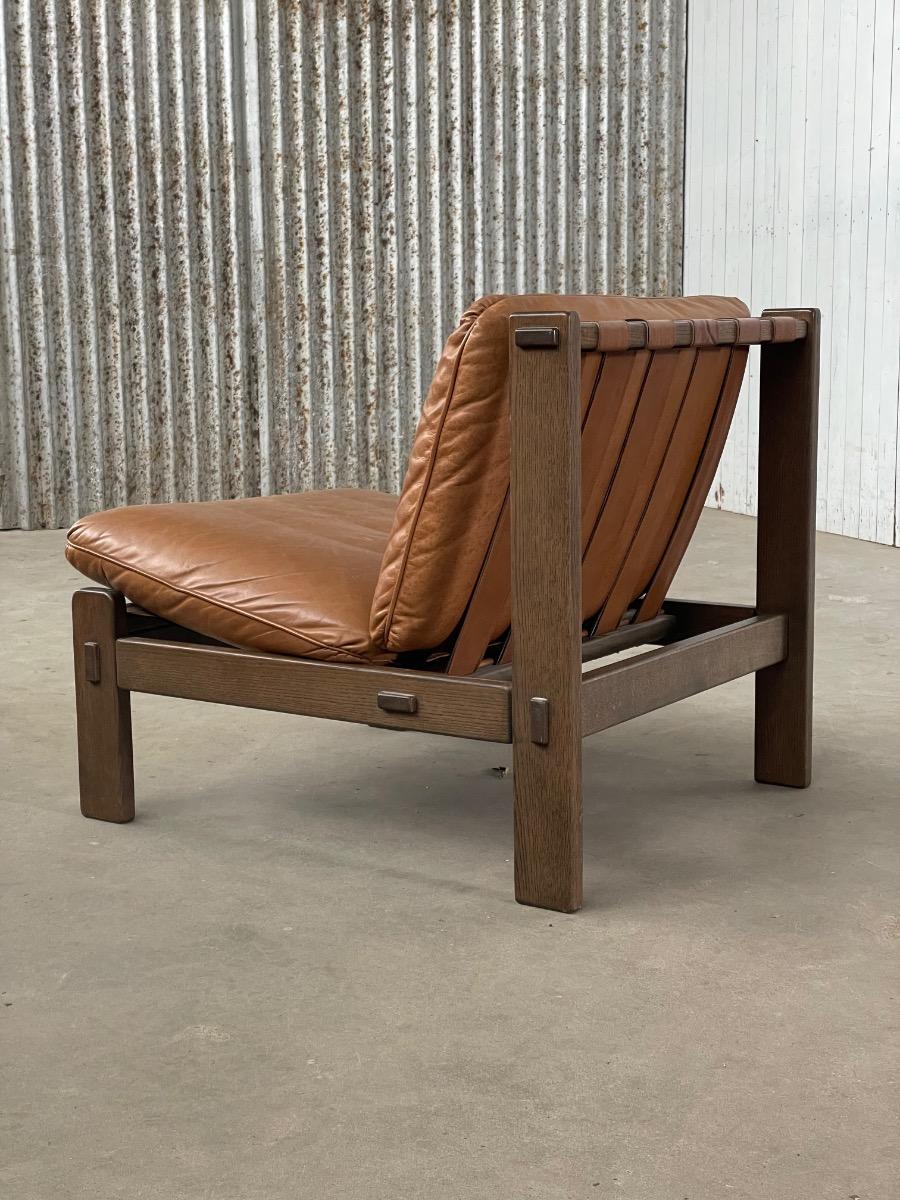 Loungechairs 5x in brown leather with oak wooden frame, 1960s
