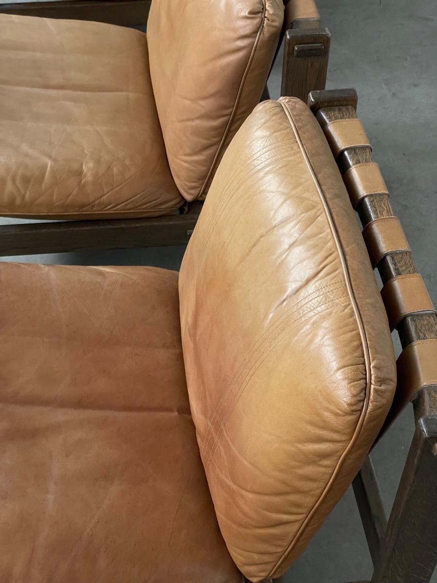Loungechairs 5x in brown leather with oak wooden frame, 1960s