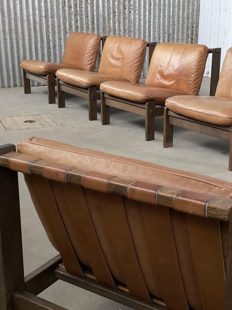 Loungechairs 5x in brown leather with oak wooden frame, 1960s