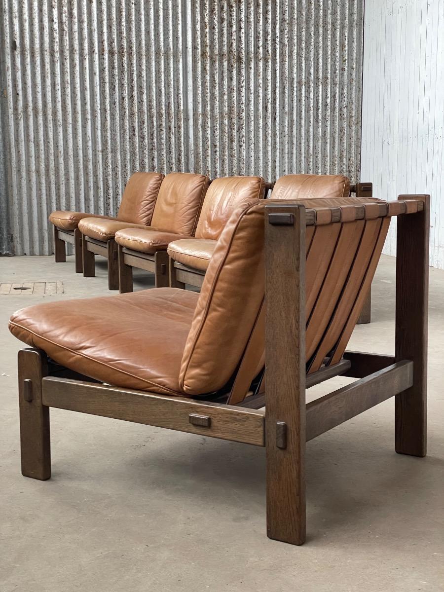 Loungechairs 5x in brown leather with oak wooden frame, 1960s