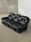 Mid century modern black leather three-seat sofa, Italy 1970s design