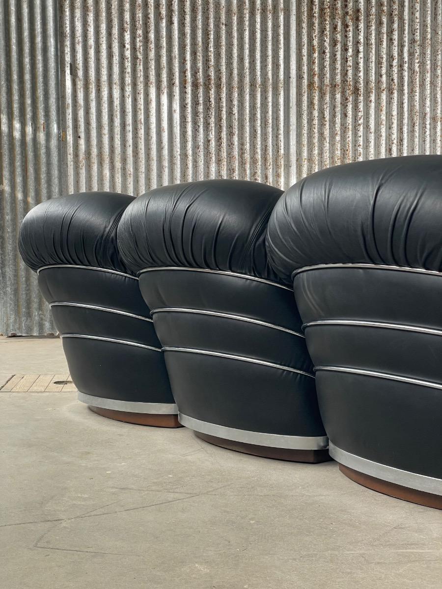 Mid century modern black leather three-seat sofa, Italy 1970s design 