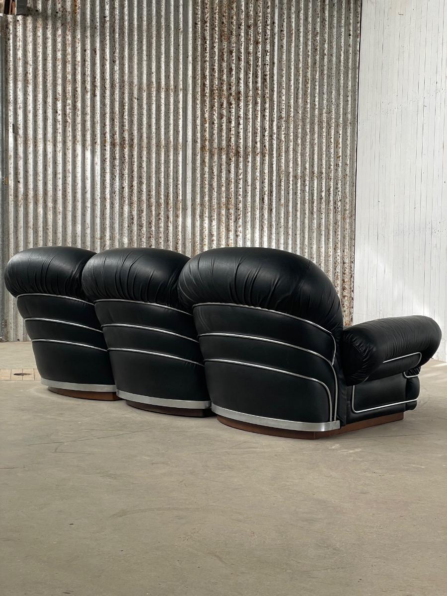 Mid century modern black leather three-seat sofa, Italy 1970s design 