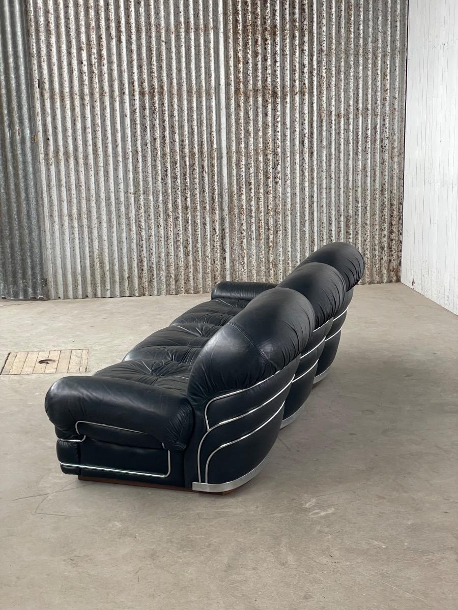 Mid century modern black leather three-seat sofa, Italy 1970s design 