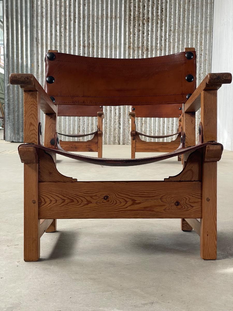 Midcentury loungechairs Brutalist in patinated brown cognac leather, 1950s