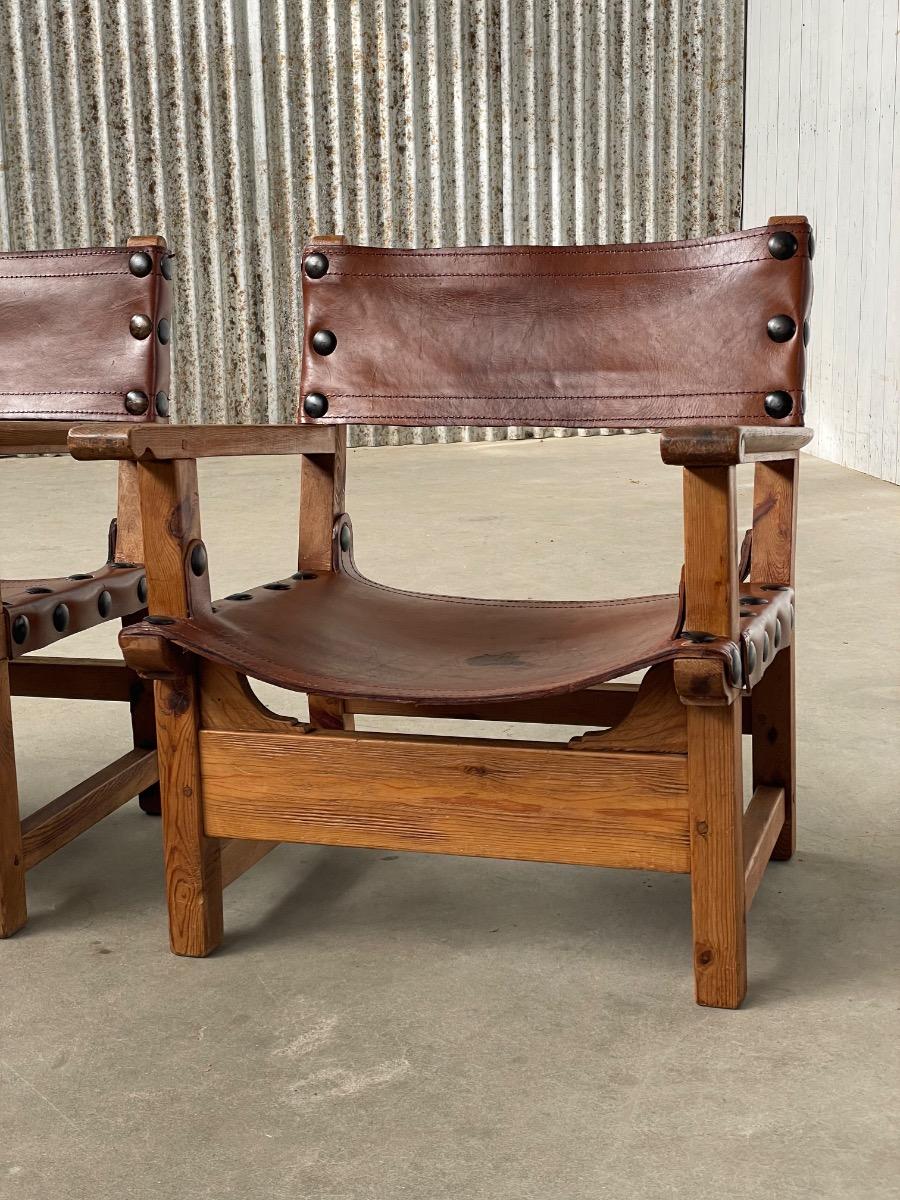 Midcentury loungechairs Brutalist in patinated brown cognac leather, 1950s