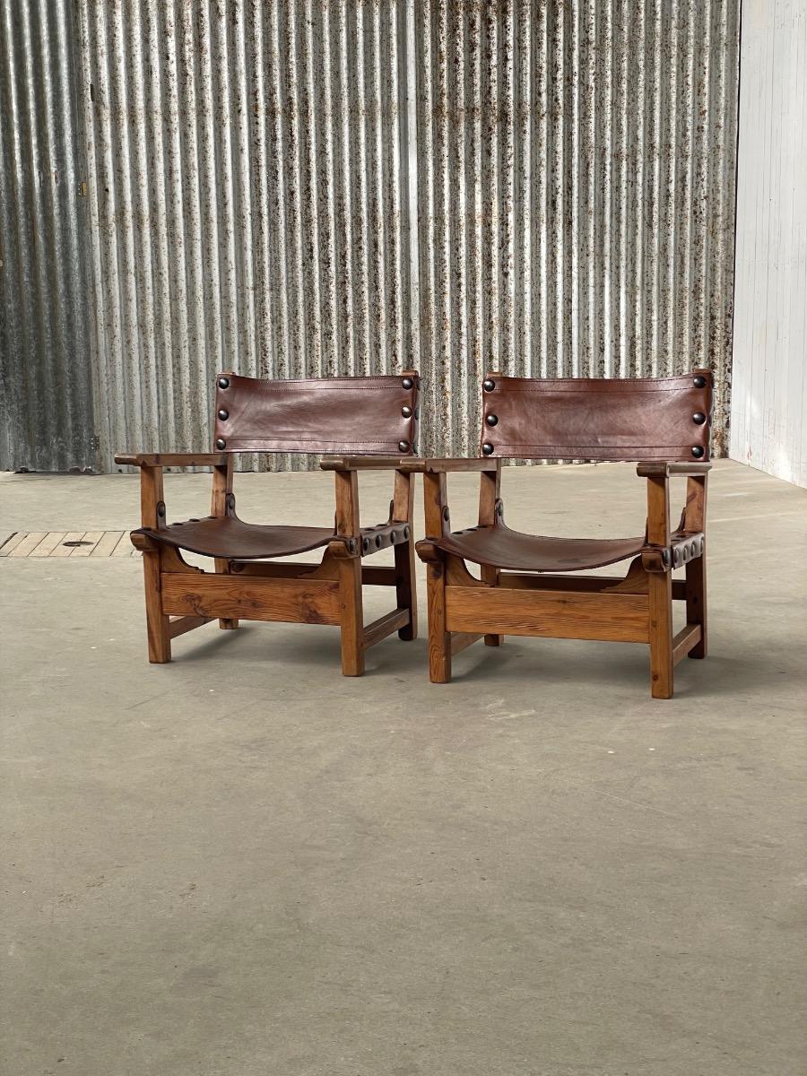 Midcentury loungechairs Brutalist in patinated brown cognac leather, 1950s