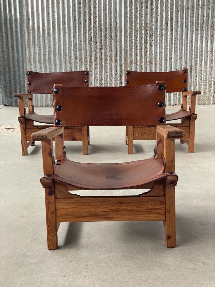 Midcentury loungechairs Brutalist in patinated brown cognac leather, 1950s