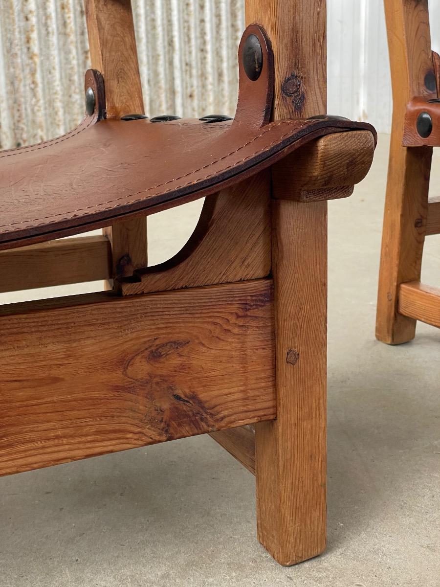 Midcentury loungechairs Brutalist in patinated brown cognac leather, 1950s