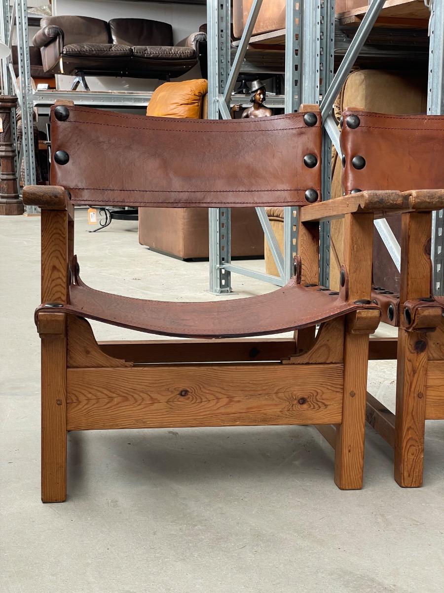 Midcentury loungechairs Brutalist in patinated brown cognac leather, 1950s