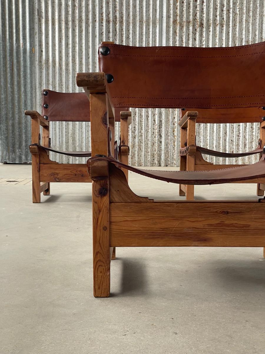 Midcentury loungechairs Brutalist in patinated brown cognac leather, 1950s