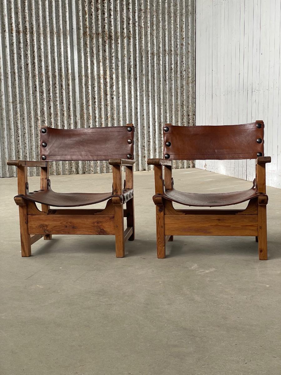 Midcentury loungechairs Brutalist in patinated brown cognac leather, 1950s