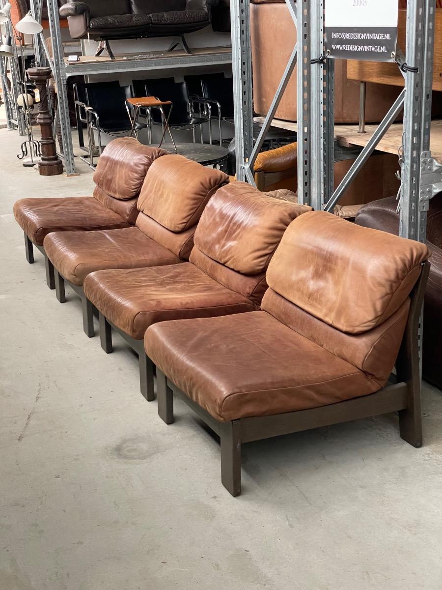 Modular oak armchair sofa in brown leather, 1970s