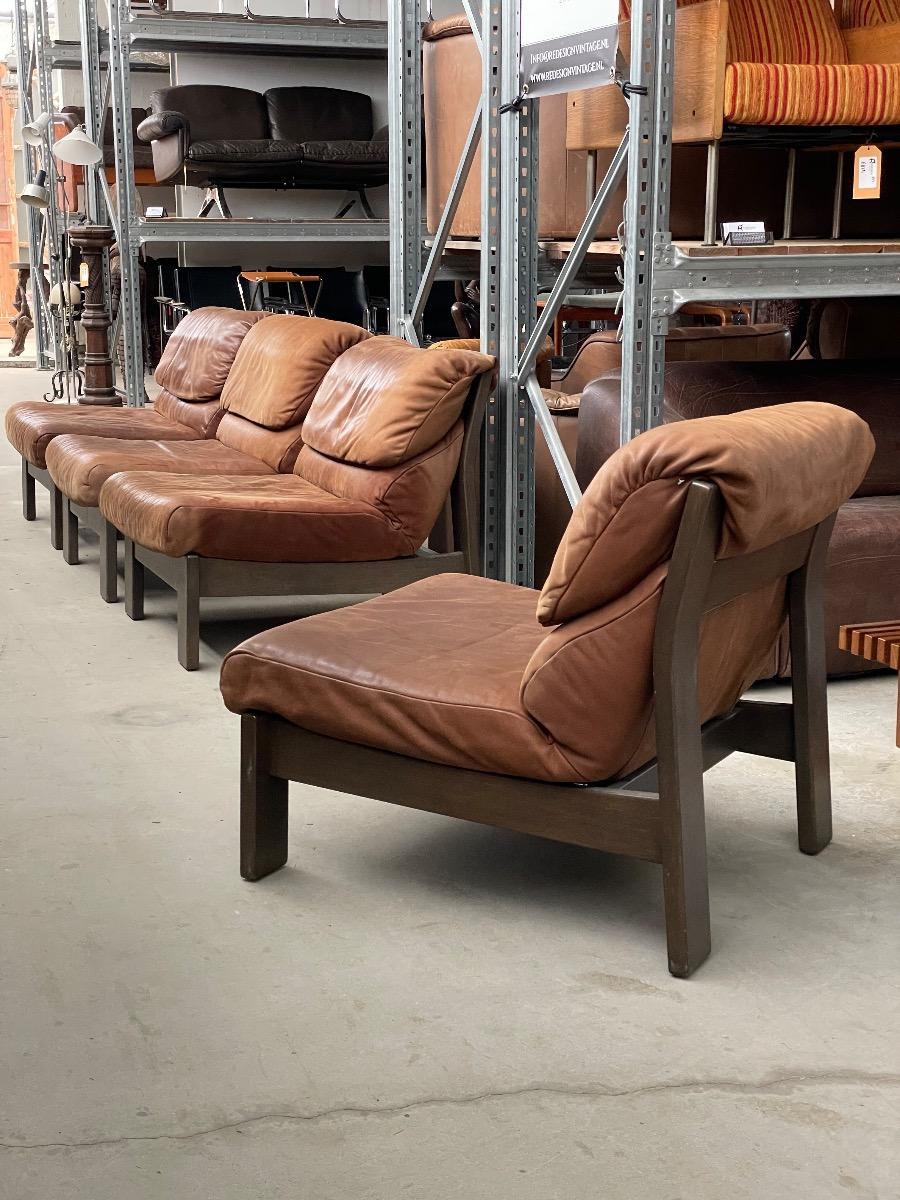 Modular oak armchair sofa in brown leather, 1970s
