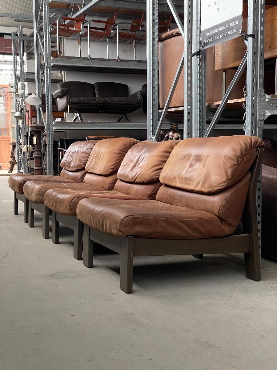Modular oak armchair sofa in brown leather, 1970s