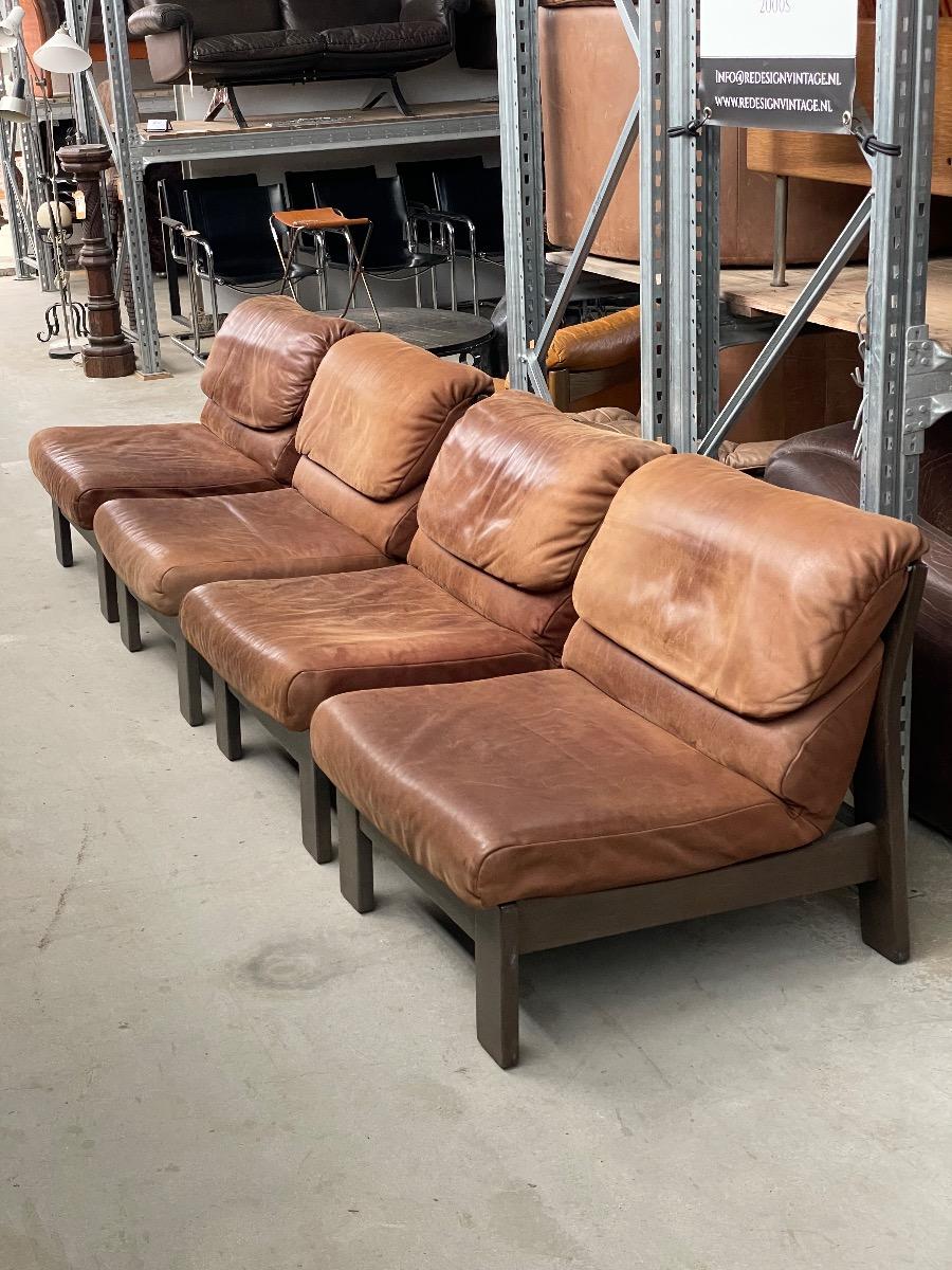 Modular oak armchair sofa in brown leather, 1970s