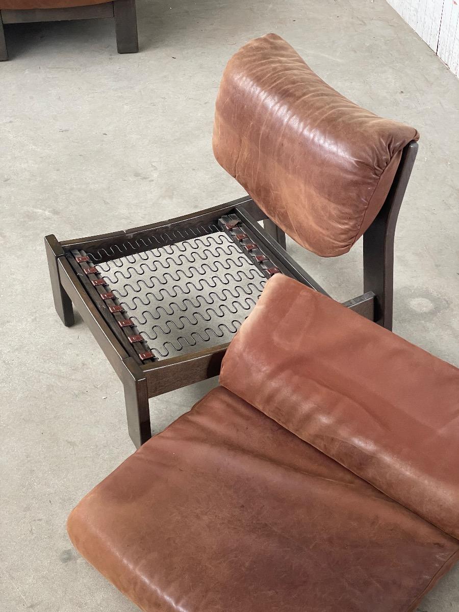 Modular oak armchair sofa in brown leather, 1970s