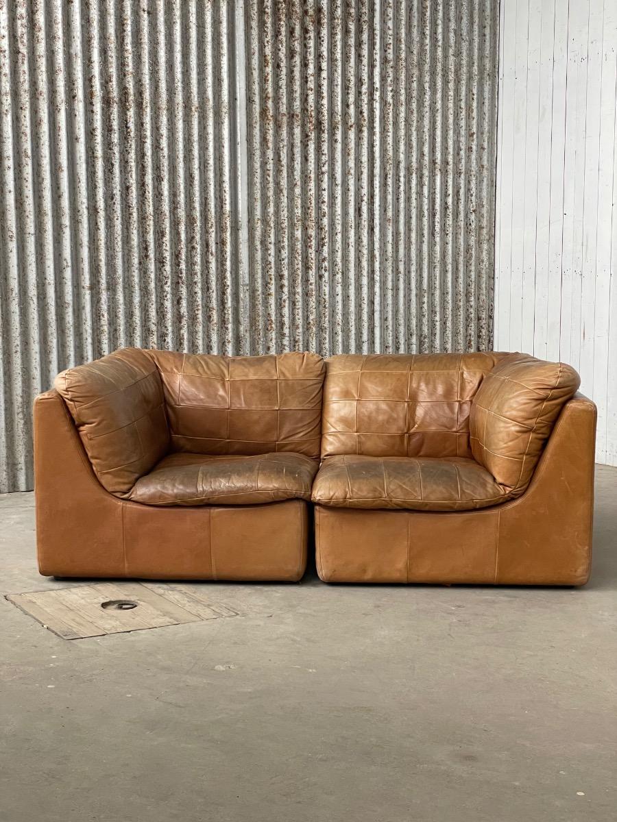 Modular Patchwork two-seat sofa in brown cognac leather, 1970s