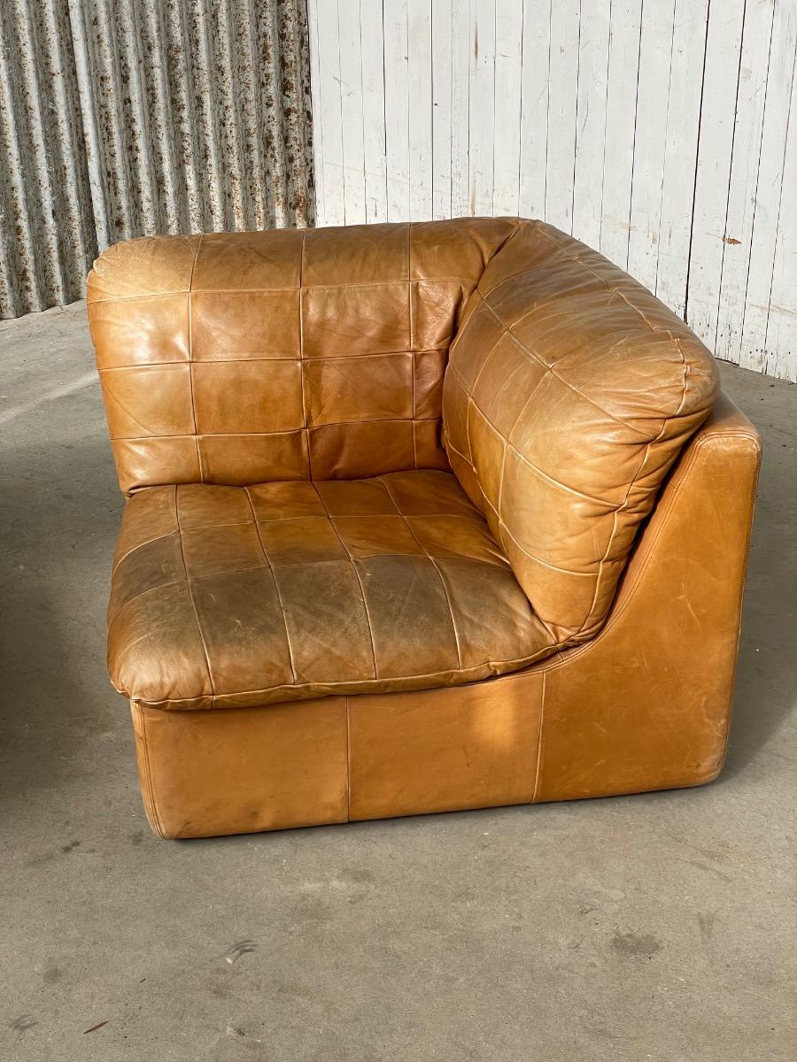 Modular Patchwork two-seat sofa in brown cognac leather, 1970s
