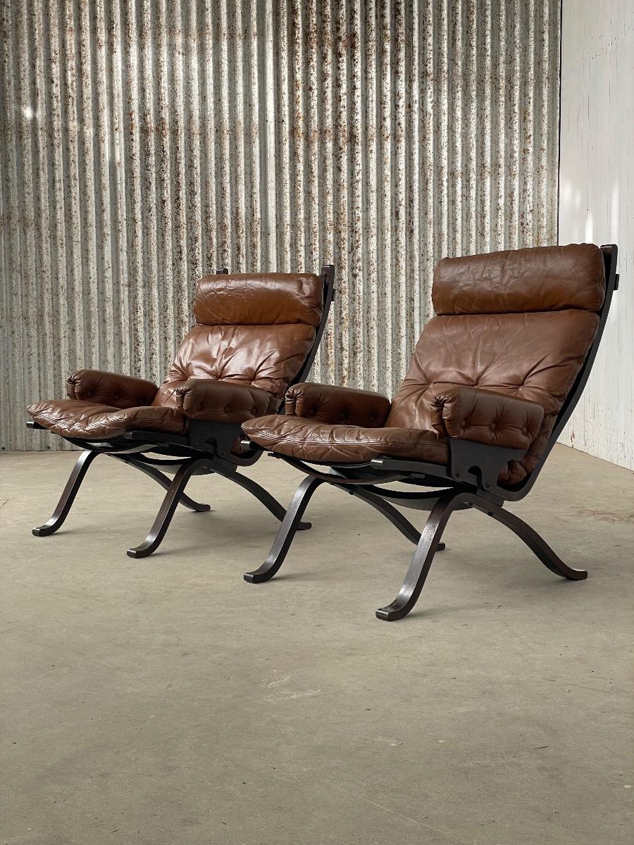 Pair Mid-Century brown Siesta Lounge Chairs by Ingmar Relling for Westnofa, Norway 1960