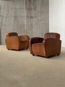Pair of Art Deco clubchairs in brown leather