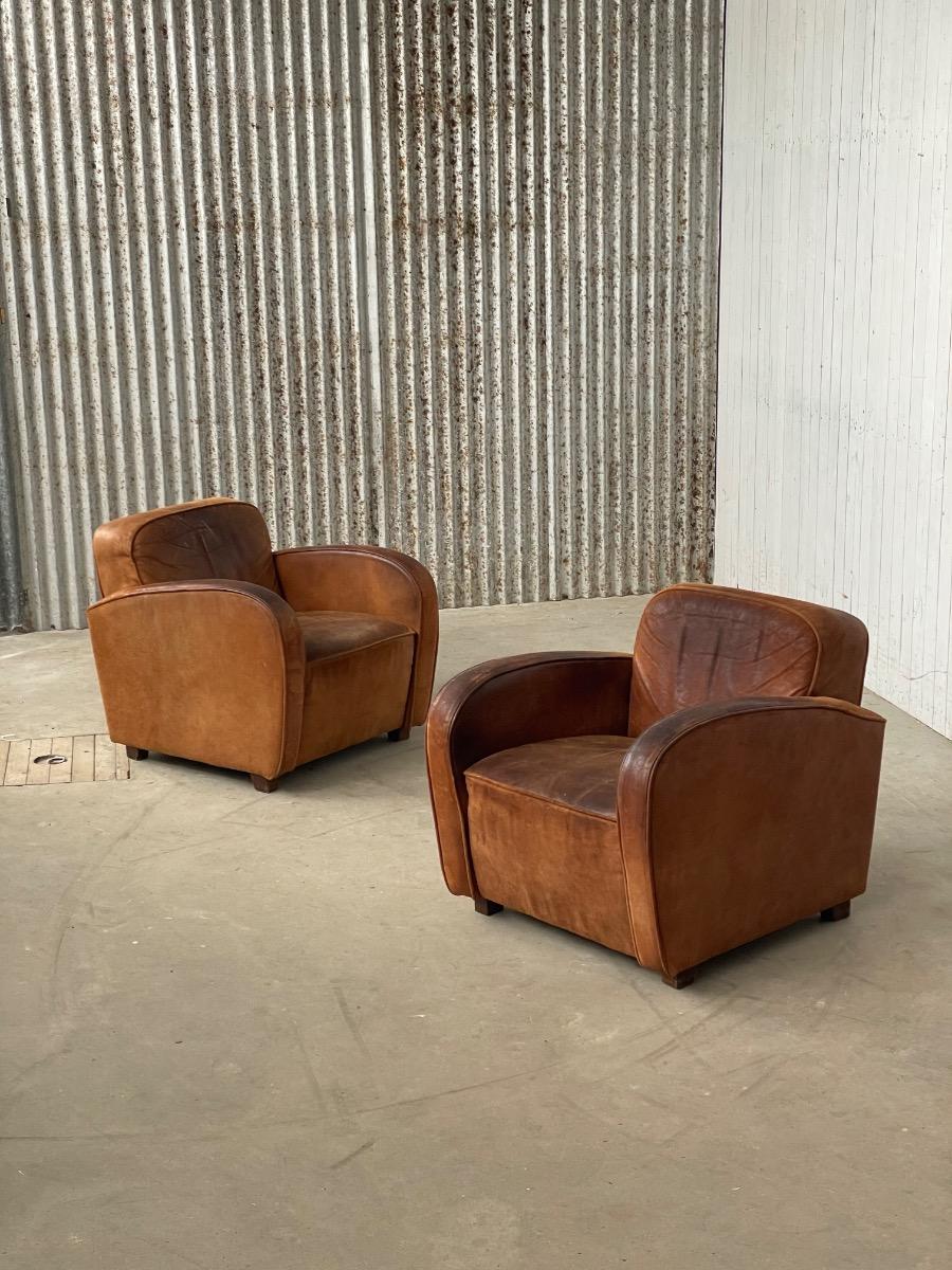 Pair of Art Deco clubchairs in brown leather