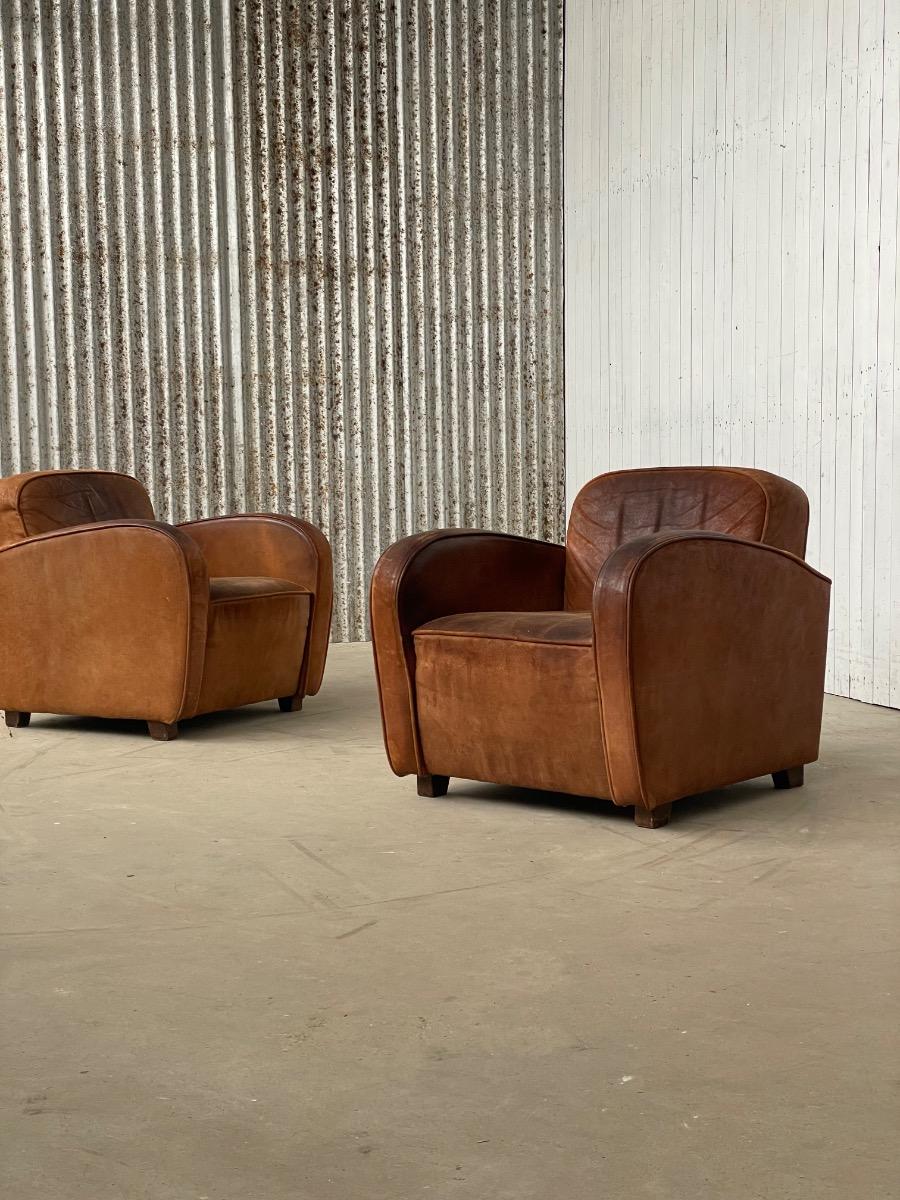 Pair of Art Deco clubchairs in brown leather