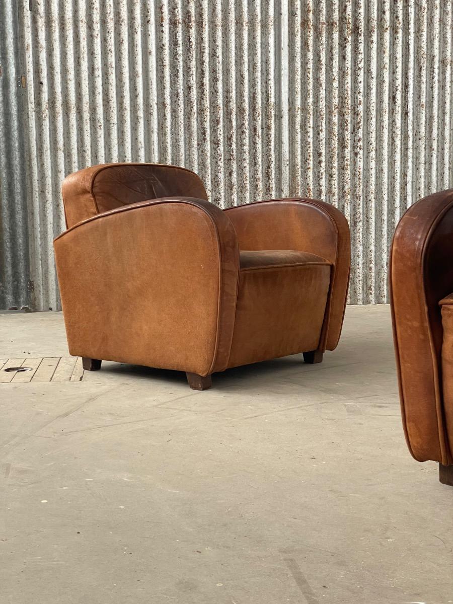 Pair of Art Deco clubchairs in brown leather