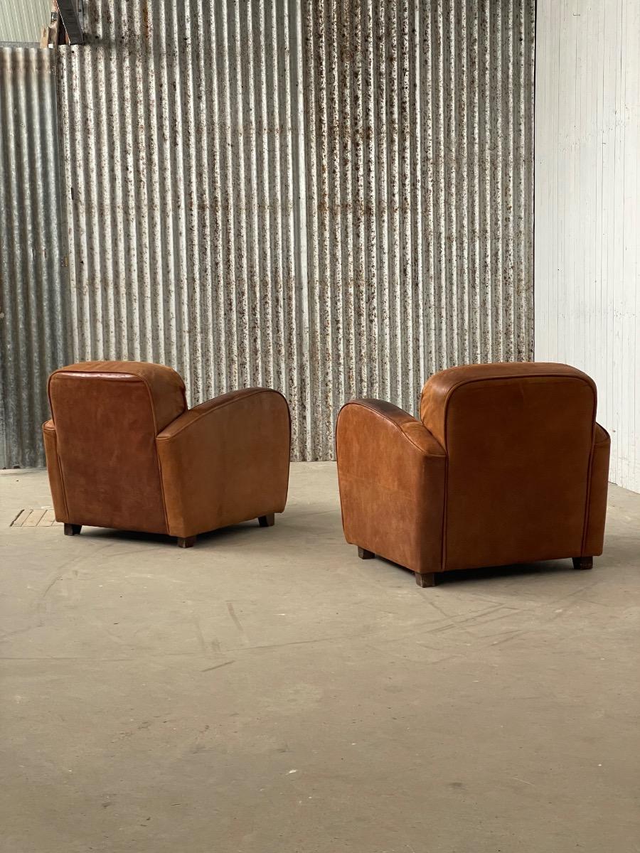 Pair of Art Deco clubchairs in brown leather