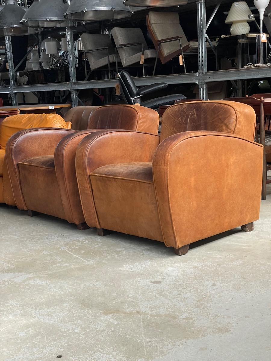 Pair of Art Deco clubchairs in brown leather