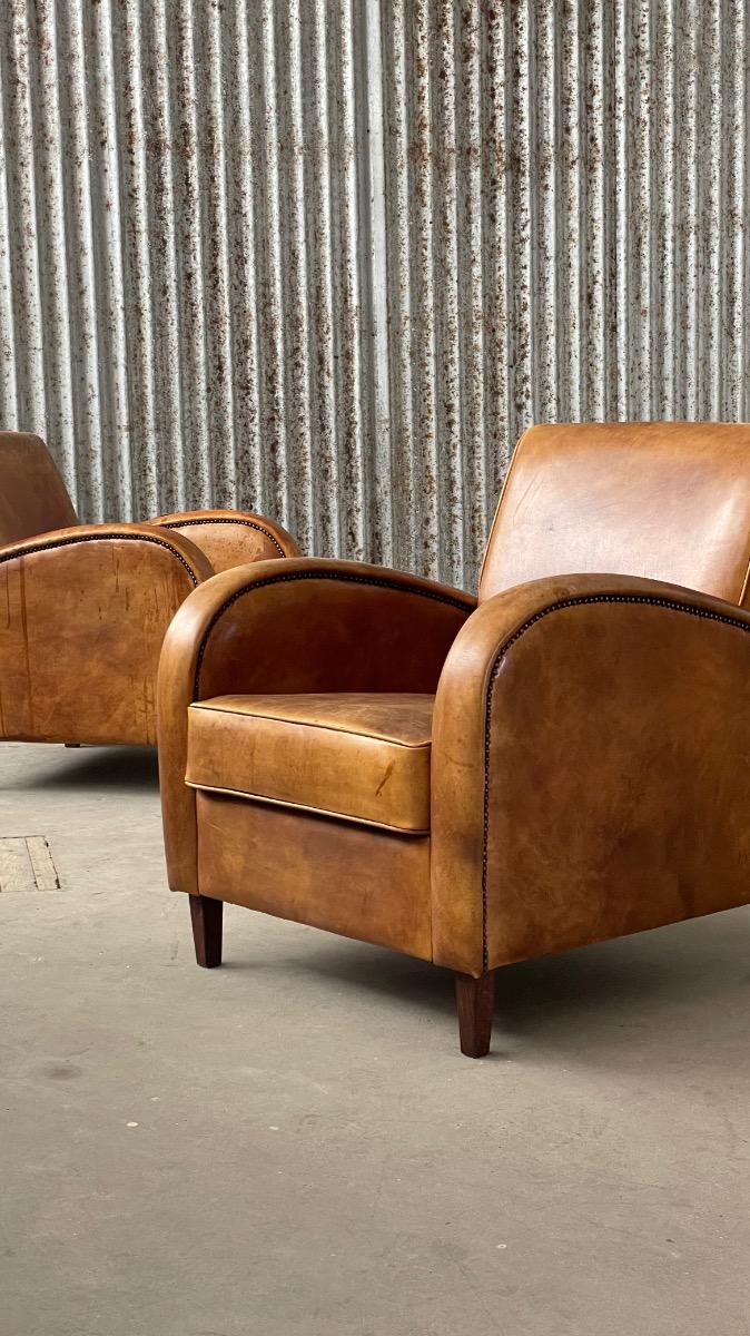Pair of dutch clubchairs in leather art deco style, 1980s