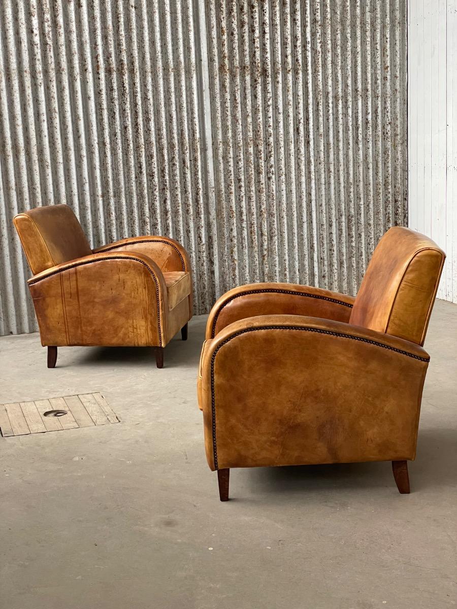 Pair of dutch clubchairs in leather art deco style, 1980s