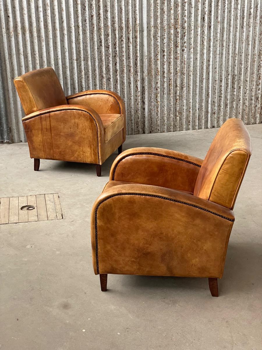 Pair of dutch clubchairs in leather art deco style, 1980s