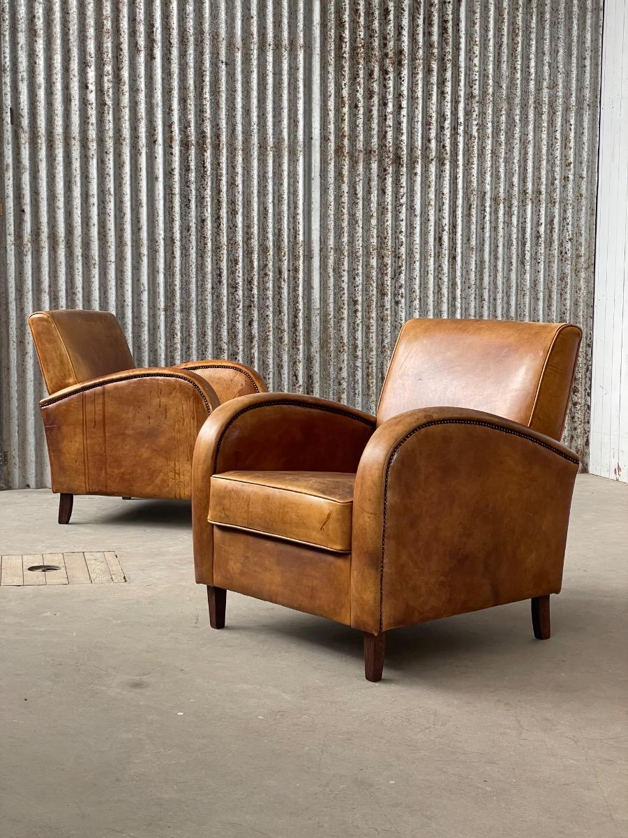 Pair of dutch clubchairs in leather art deco style, 1980s