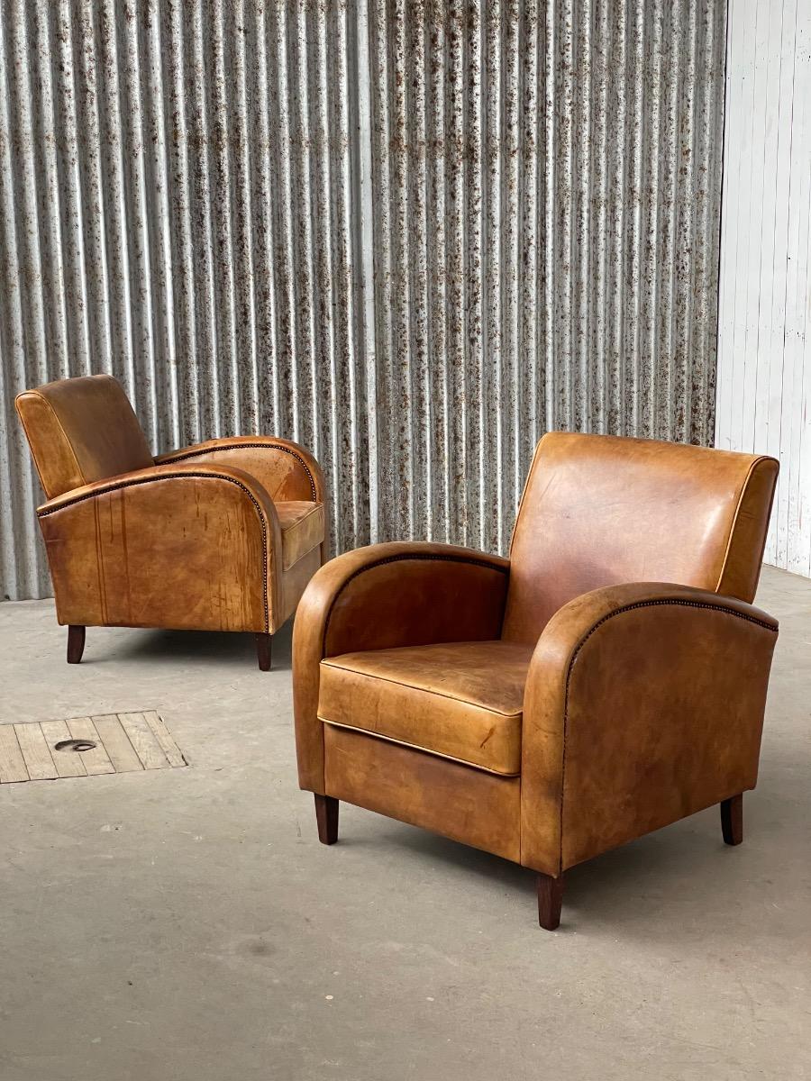 Pair of dutch clubchairs in leather art deco style, 1980s