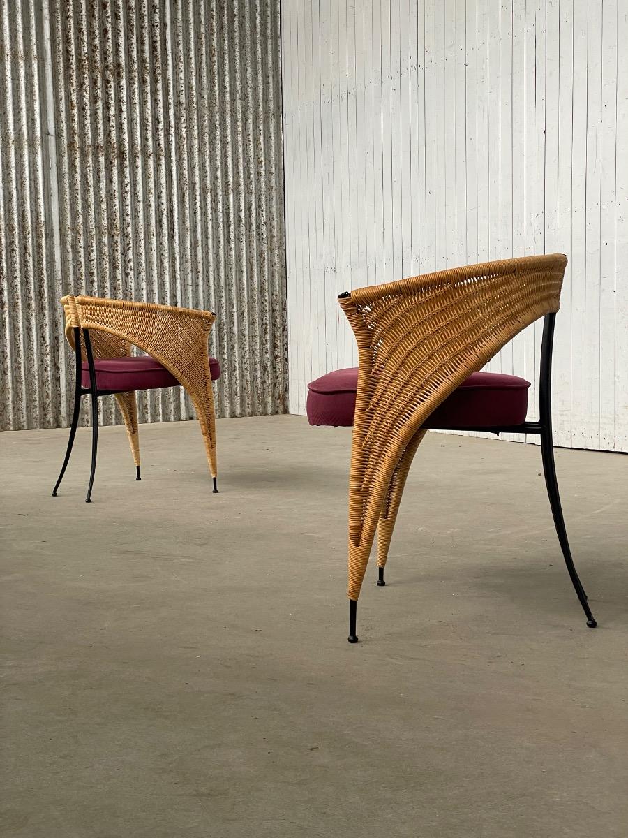 Pair of postmodern Italian wicker design dining chairs 1980s