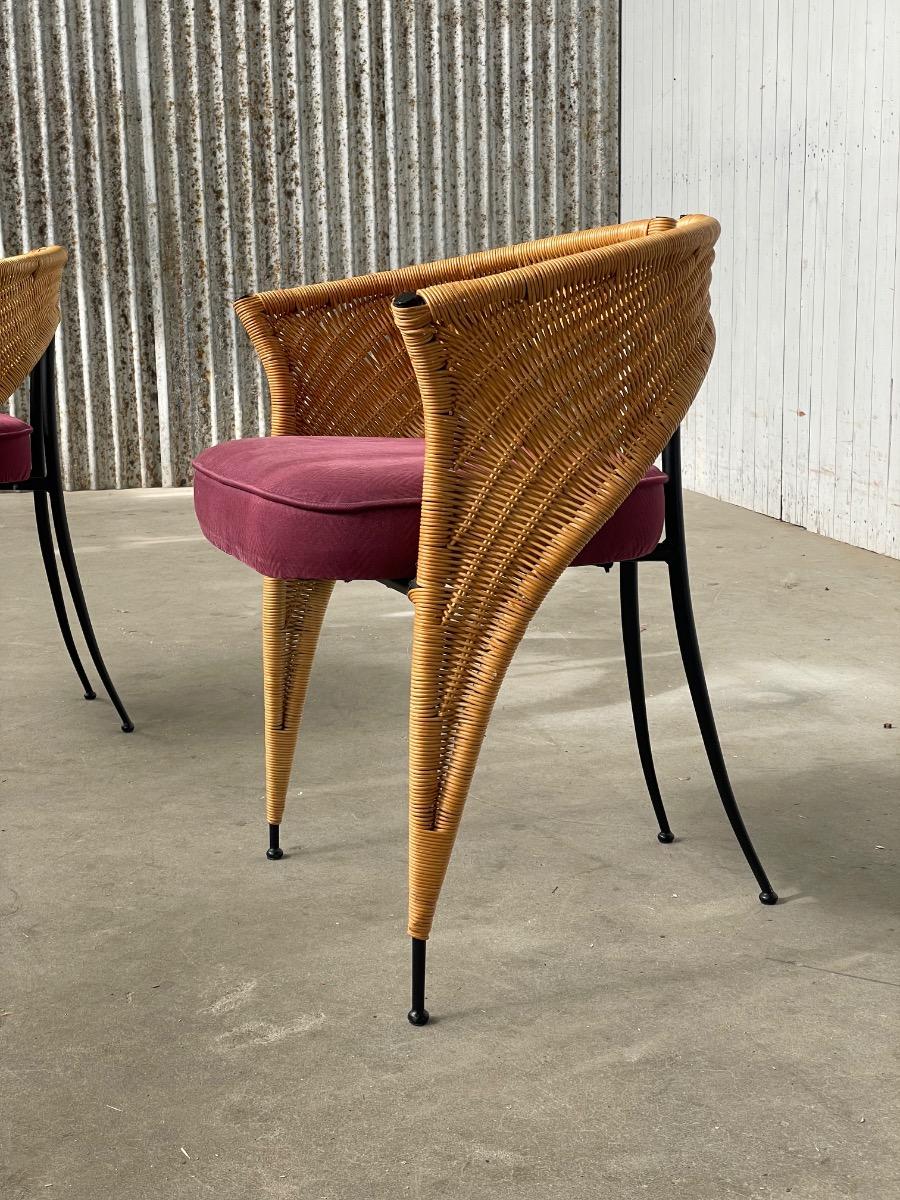Pair of postmodern Italian wicker design dining chairs 1980s