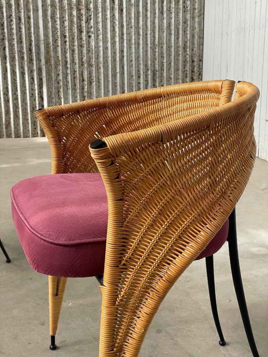 Pair of postmodern Italian wicker design dining chairs 1980s