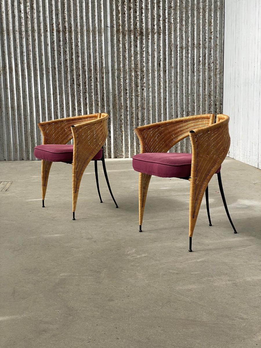 Pair of postmodern Italian wicker design dining chairs 1980s