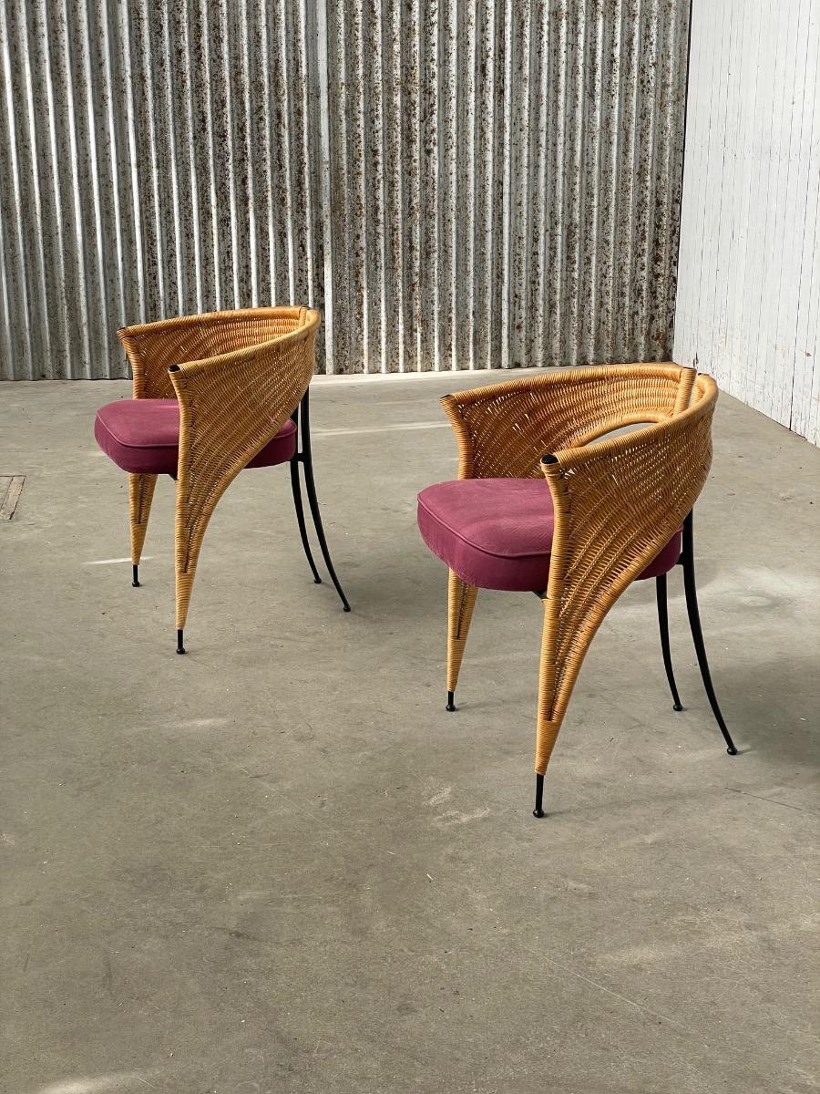 Pair of postmodern Italian wicker design dining chairs 1980s
