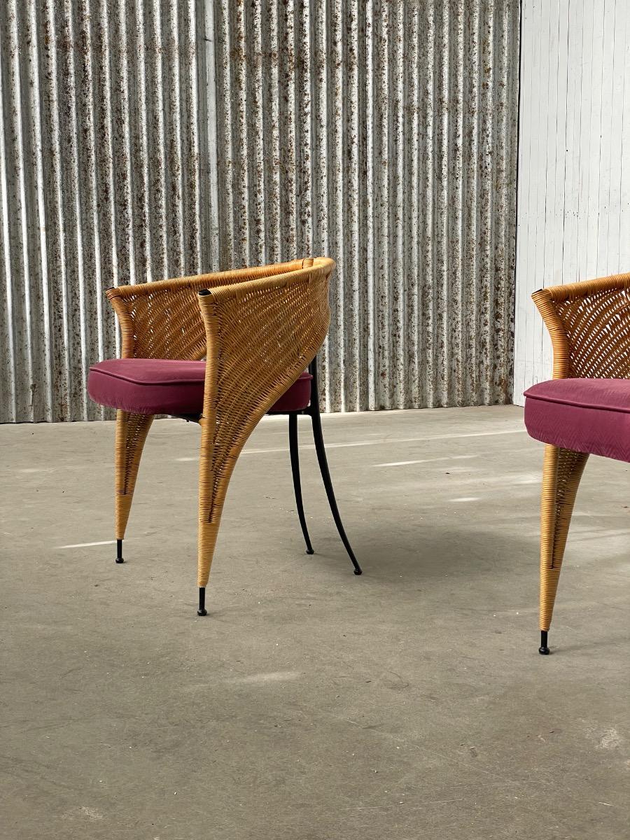 Pair of postmodern Italian wicker design dining chairs 1980s