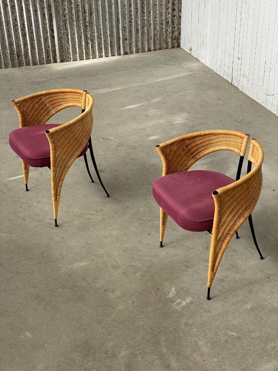 Pair of postmodern Italian wicker design dining chairs 1980s