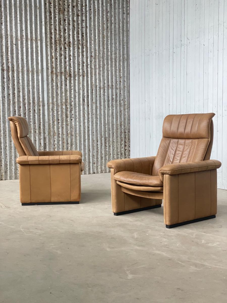 Pair vintage armchairs cognac leather, De sede 1970s