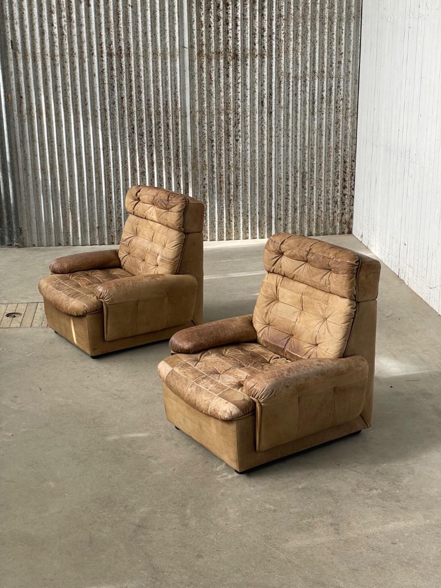 Pair vintage loungechairs in brown patchwork leather 1970s 