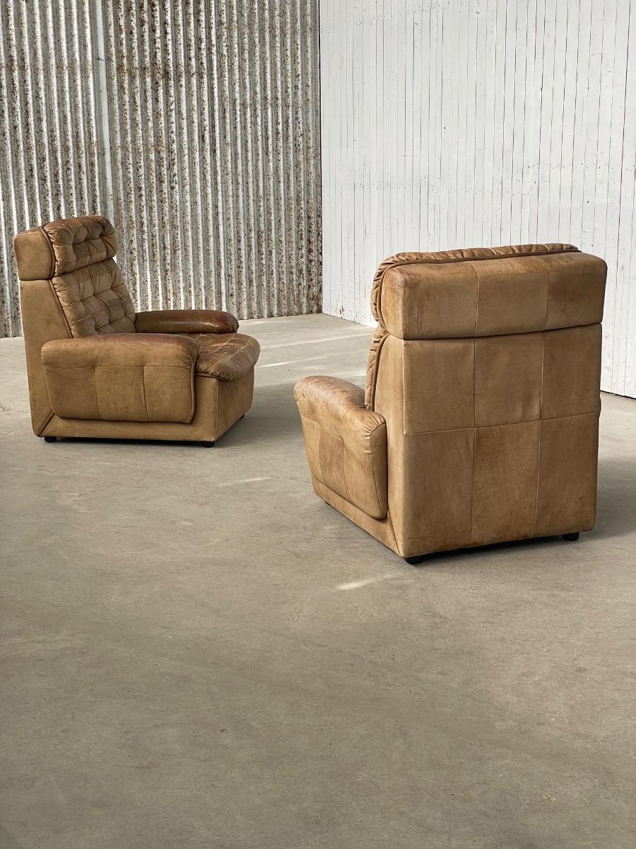 Pair vintage loungechairs in brown patchwork leather 1970s 