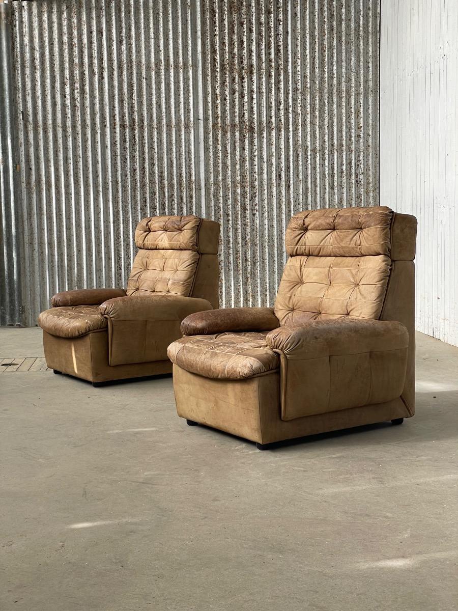 Pair vintage loungechairs in brown patchwork leather 1970s 
